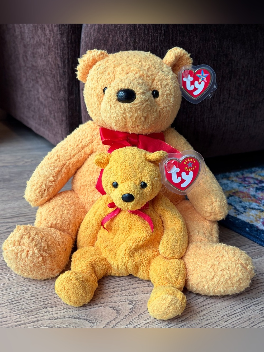 Ty Beanie Baby Pair - Yellow Plush Bear Set with Red Bows 2001